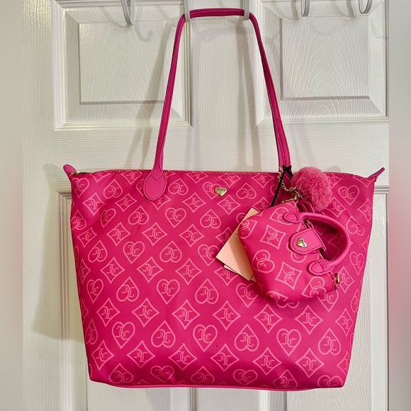 Juicy Couture Cutesy Large Tote with Mini Bag Charm & Pom Keychain – Pink Tonal - Picture 1 of 13